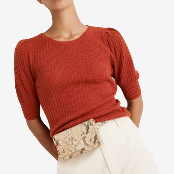 Madewell Puff Sleeve Pointelle Knit Short Sleeve Sweater Orange Women’s Size M - Picture 3 of 9